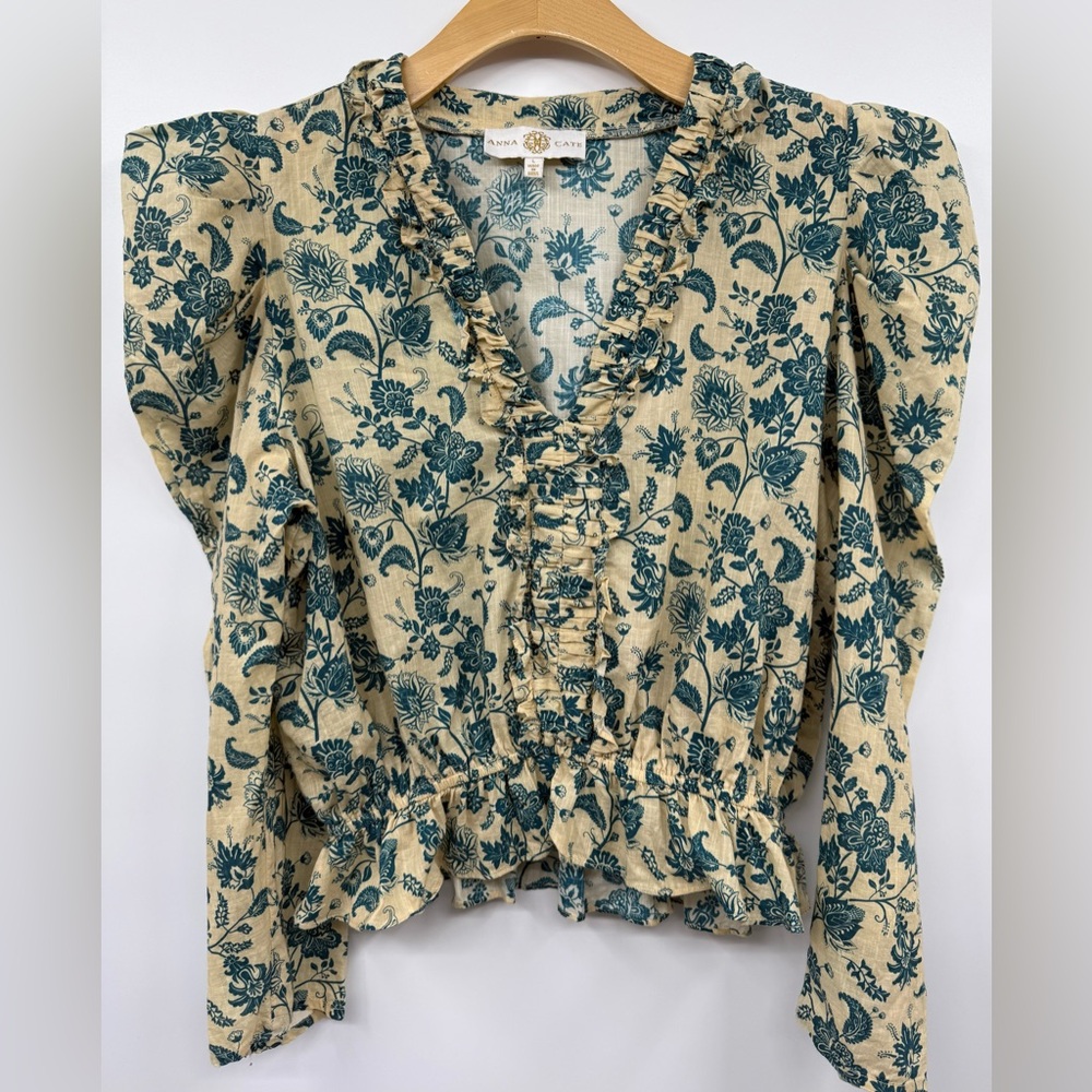 Anna Cate Floral Ruffle Long Sleeve Top - Teal on Cream